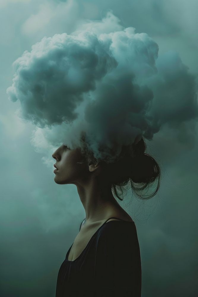 Woman with cloud head smoke adult contemplation.