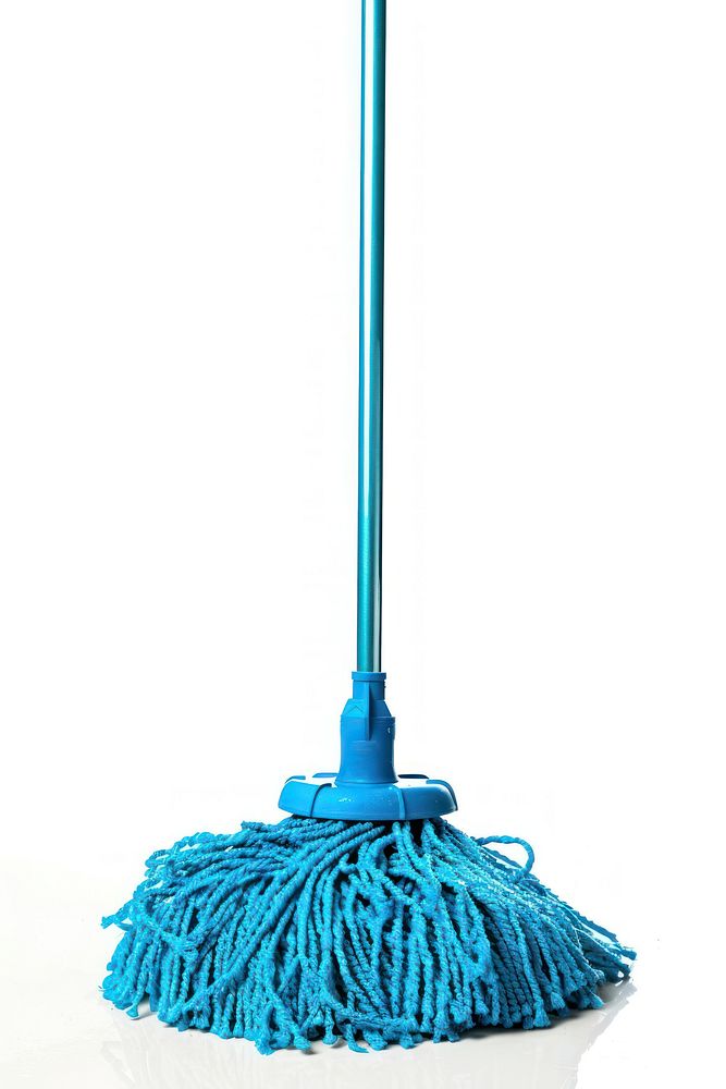Blue squeeze-clean flat mop cleaning handle person.