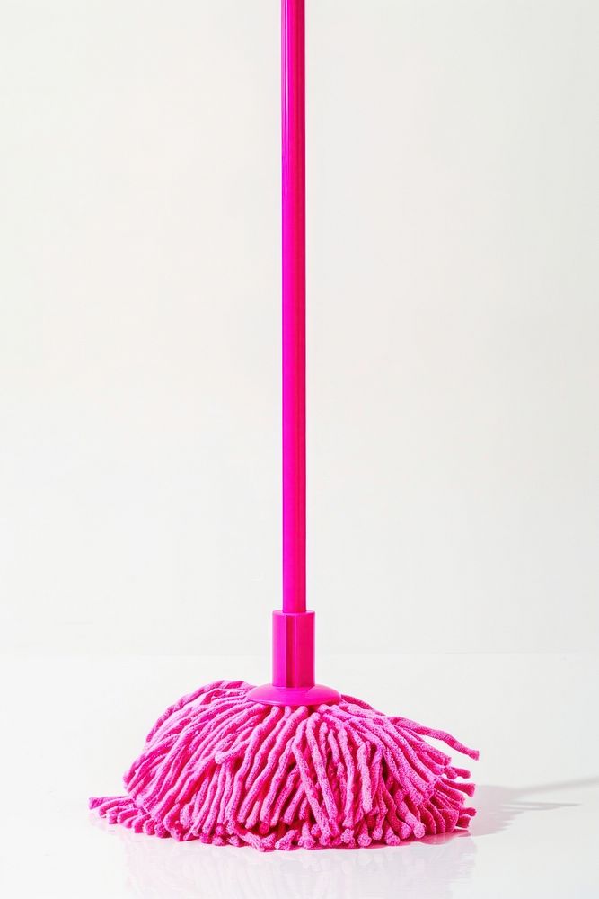 Pink squeeze-clean flat mop cleaning handle person.