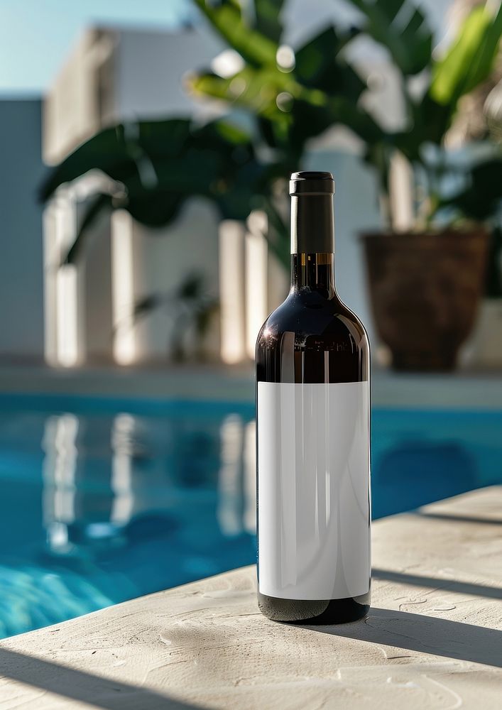 Blank wine bottle with label mockup outdoors countryside beverage.