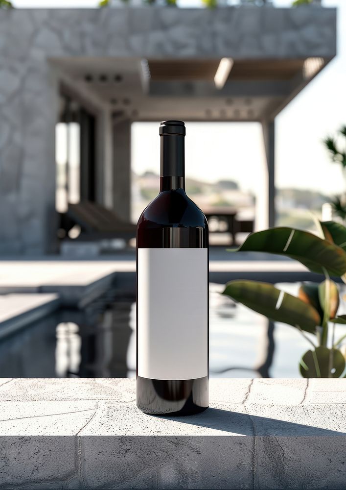 Blank wine bottle with label mockup outdoors countryside cosmetics.