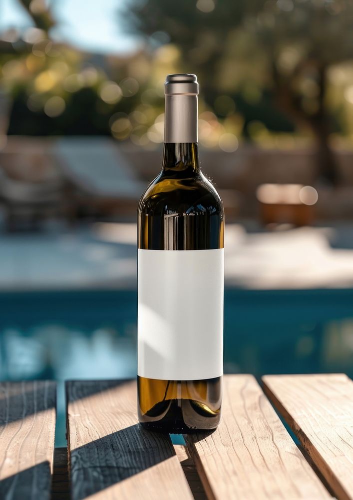 Blank wine bottle with label mockup outdoors countryside beverage.