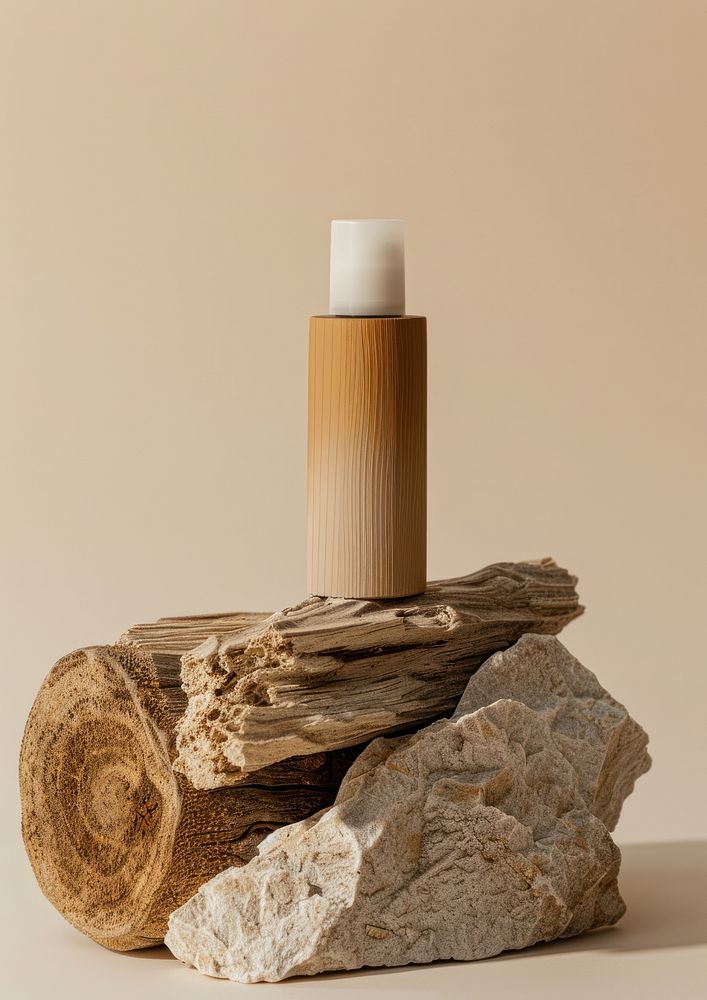 Injection bottle packaging mockup wood cosmetics driftwood.
