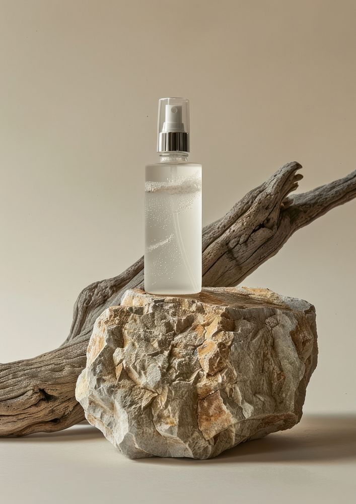 Spray bottle packaging mockup wood rock cosmetics.