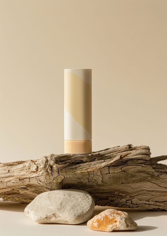 Sunscreen stick packaging mockup wood driftwood cylinder.