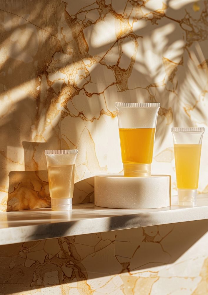 Sunscreen gel packagings windowsill furniture beverage.
