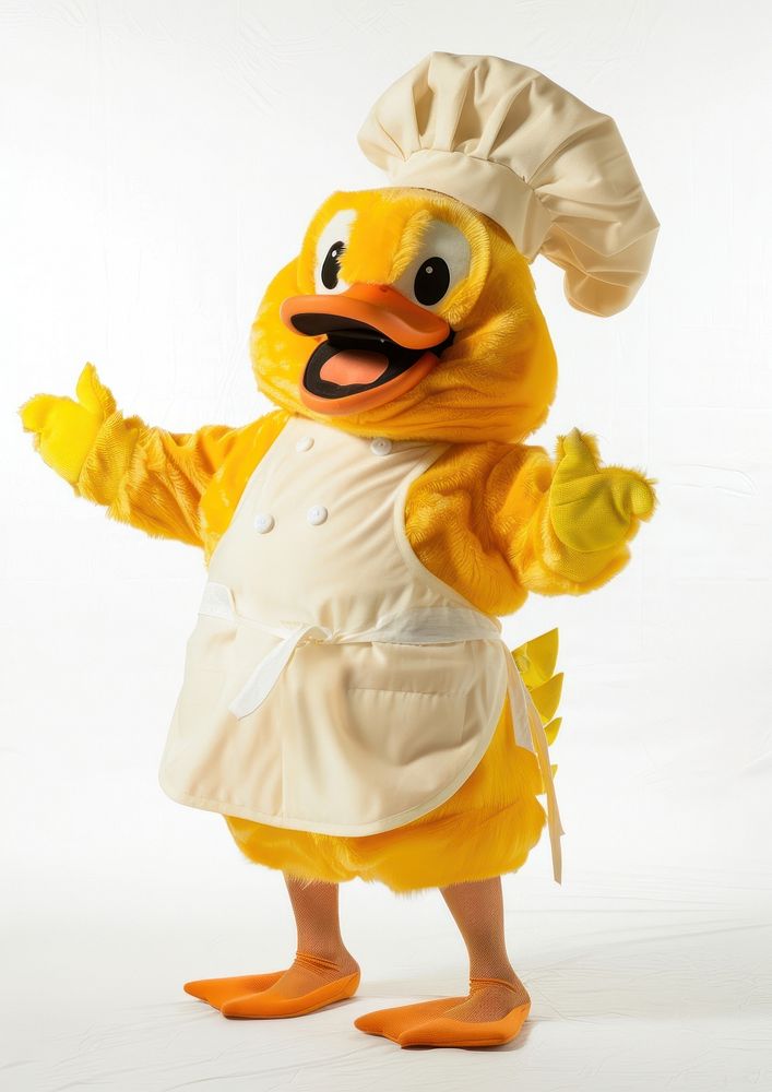 Chubby duck mascot costume person clothing apparel.