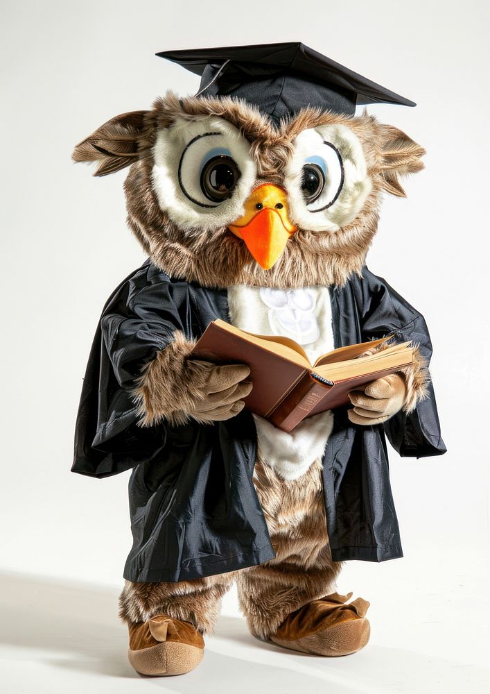 Chubby owl mascot costume person accessories graduation.