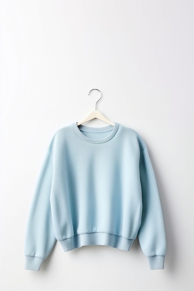Light pastel blue sweater sweatshirt white background coathanger.