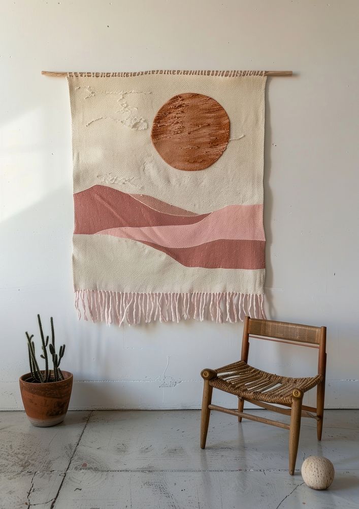 A wall hanging with an abstract pink sun on it furniture textile chair.