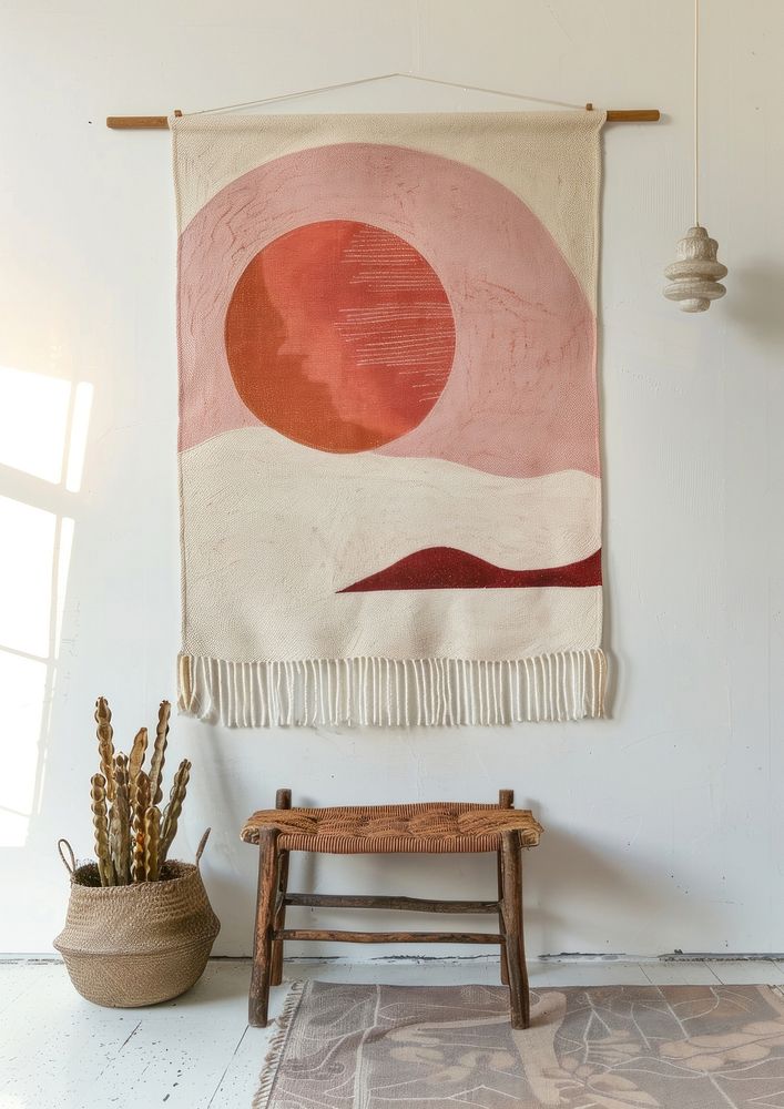 Wall hanging with an abstract pink sun textile art creativity.