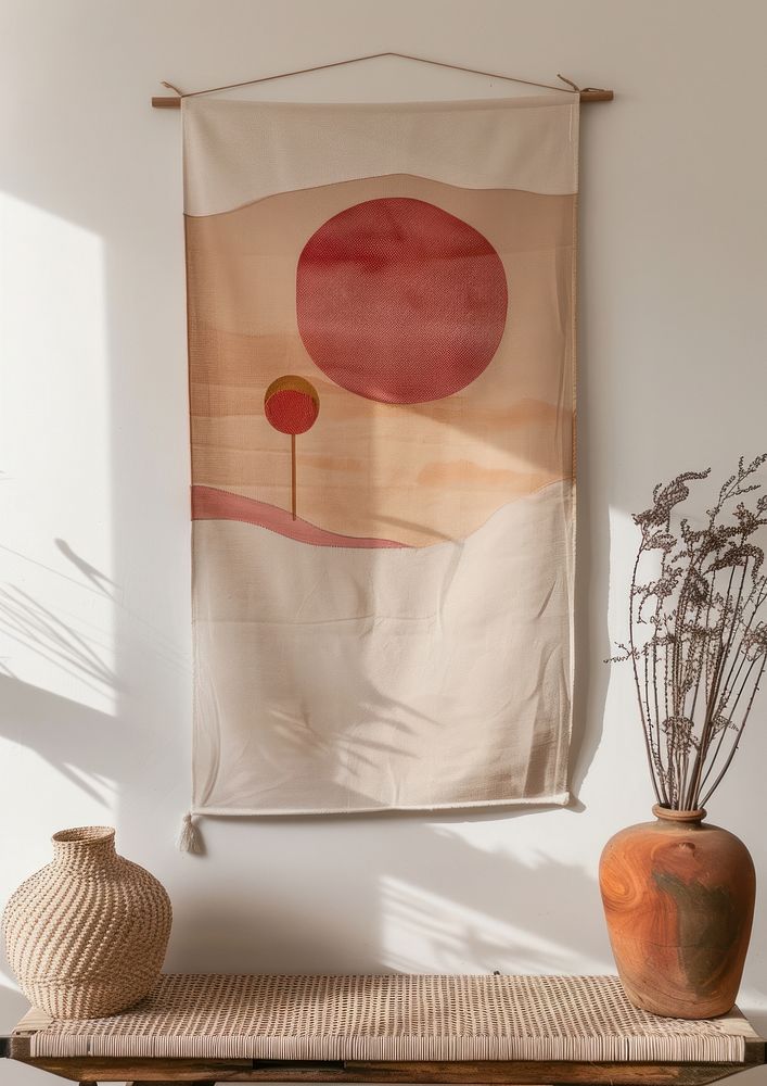 Wall hanging with an abstract pink sun textile art architecture.