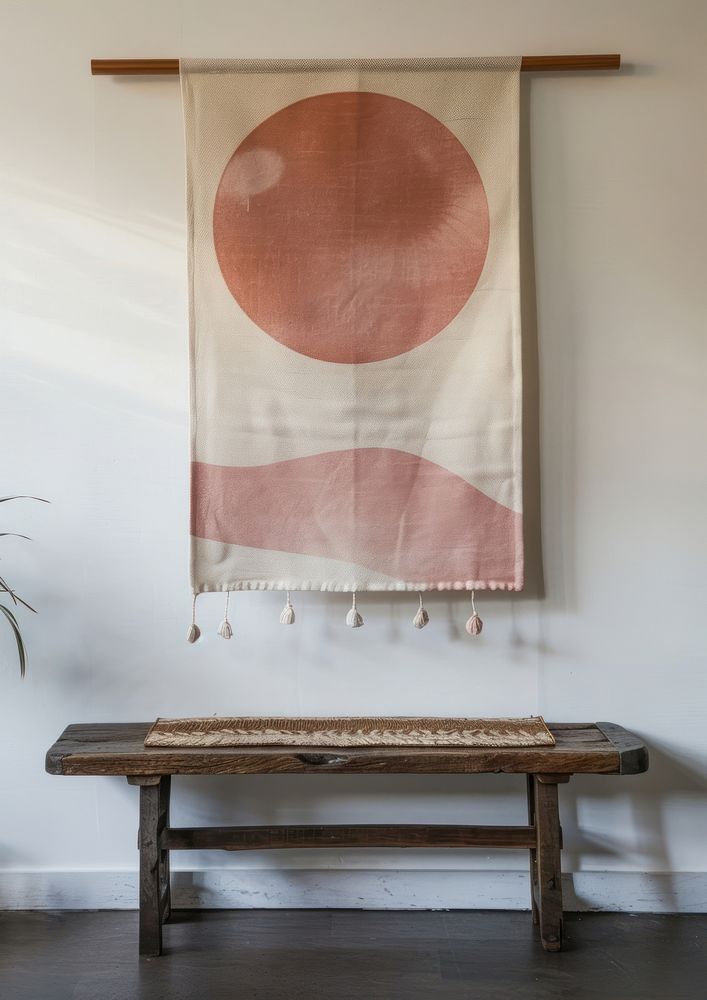 Wall hanging with an abstract pink sun furniture textile art.