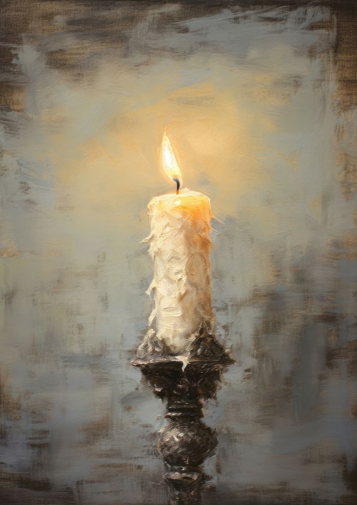 Close up on pale candle painting fire illuminated.