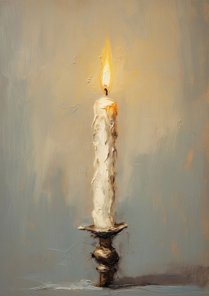 Close up on pale candle painting fire illuminated.