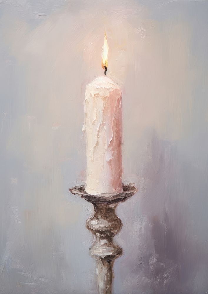 Close up on pale candle painting candlestick lighting.