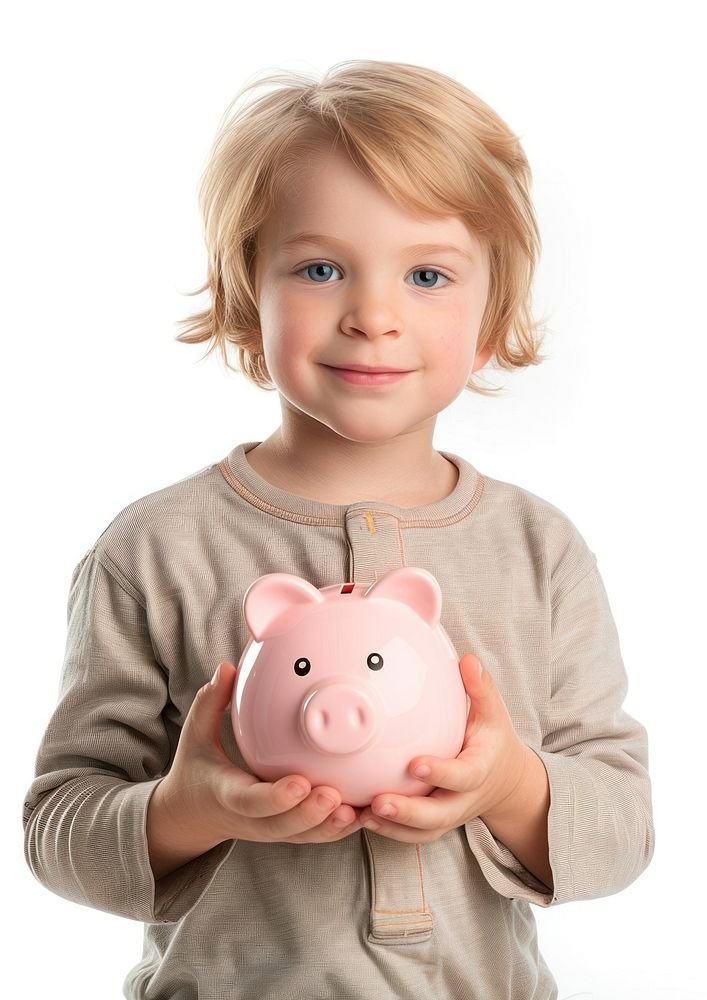 Photo of kid holding pig white background.