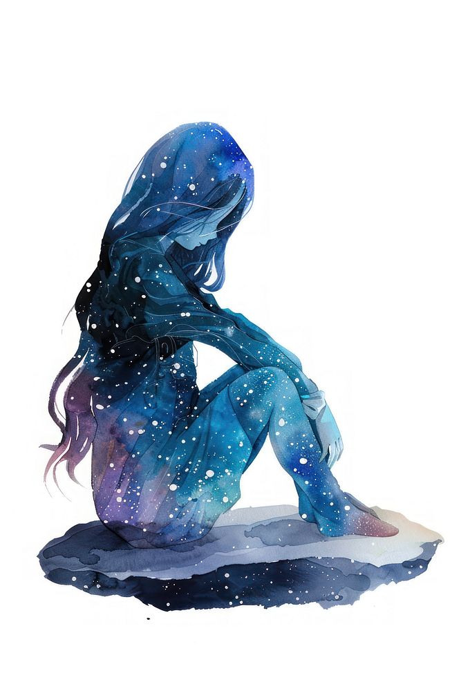 Girl Statue in Watercolor galaxy adult white background.
