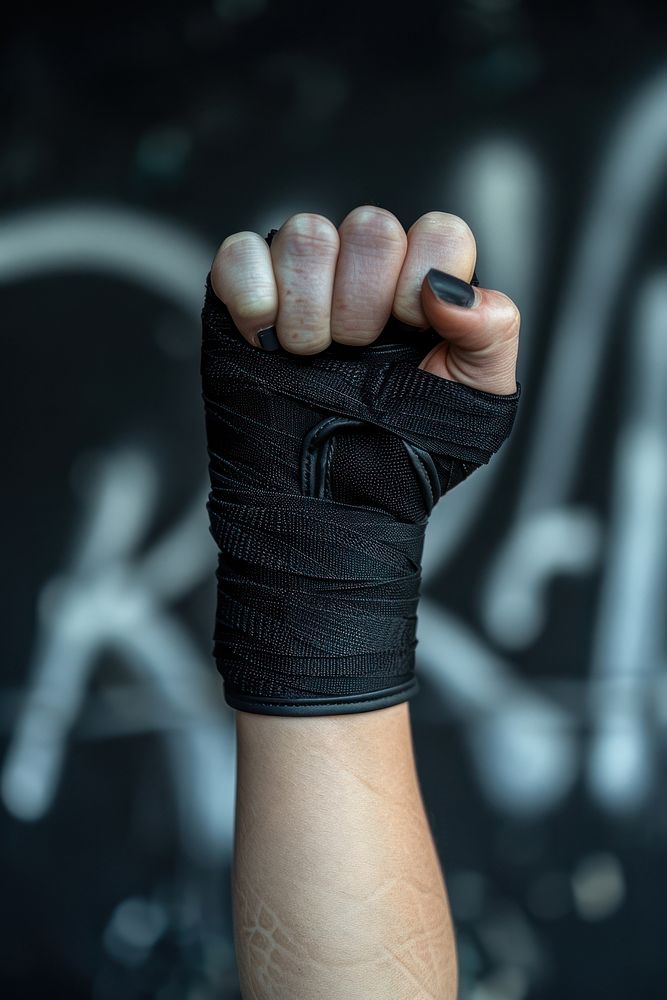 Boxing black hand wraps finger glove aggression.