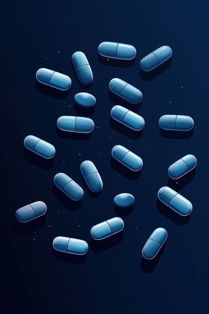 Blue pill capsules blue background antioxidant medication.