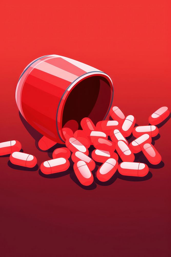 Red pill capsules antioxidant medication container.