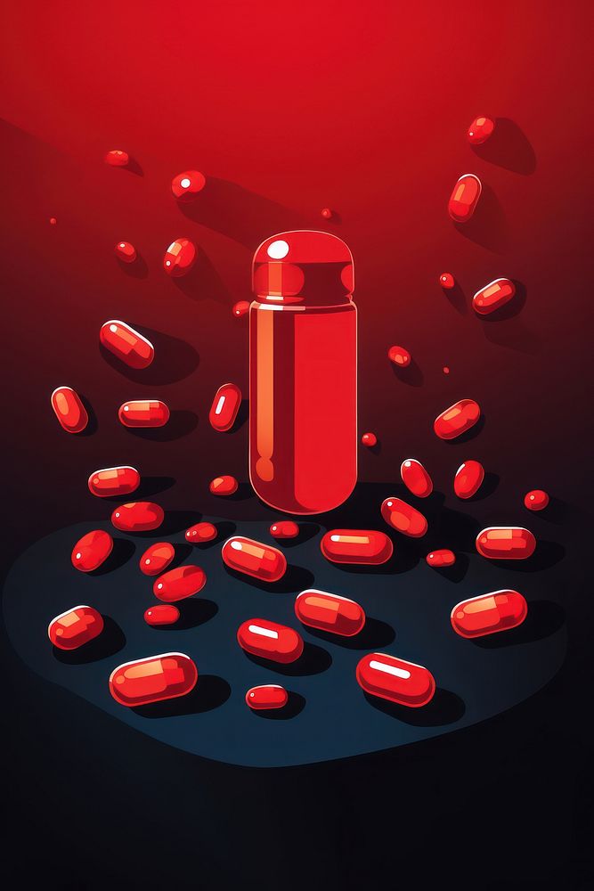 Red pill capsules bottle antioxidant medication.