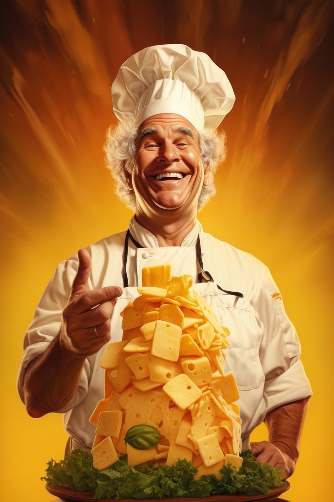 Chef holding cheese proudly standing portrait food photography.