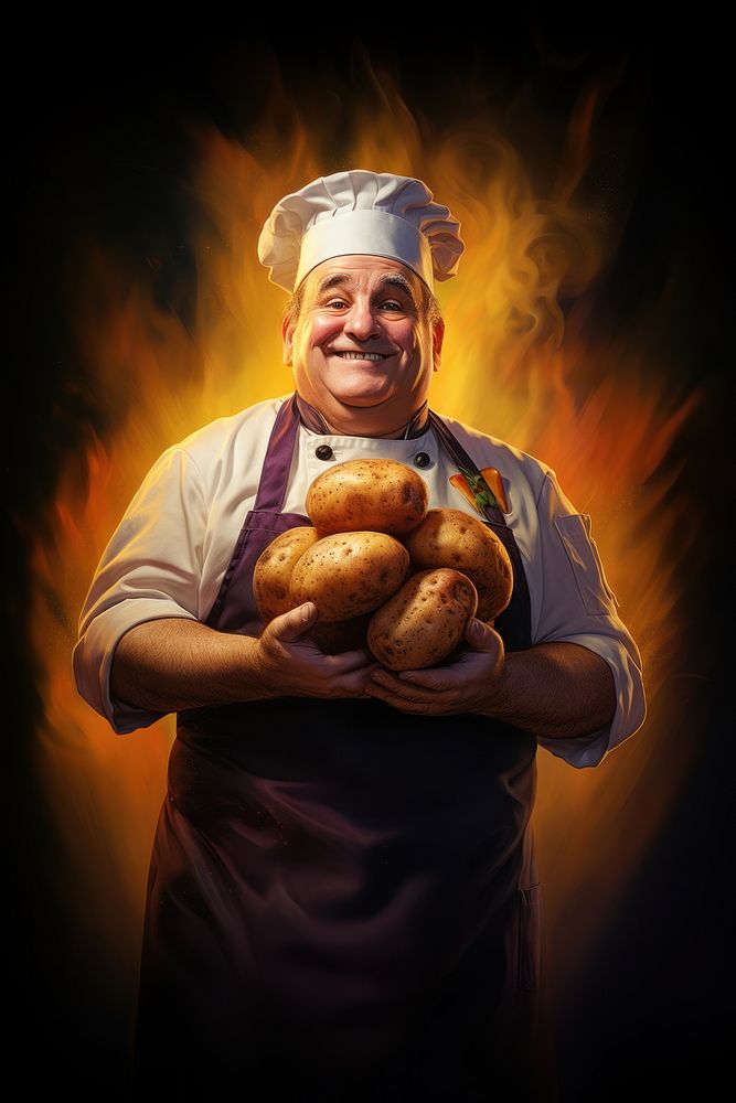 Chef holding big potatoe proudly standing portrait bread adult.
