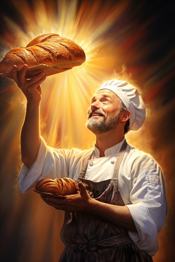 Chef holding bread proudly standing adult food freshness.