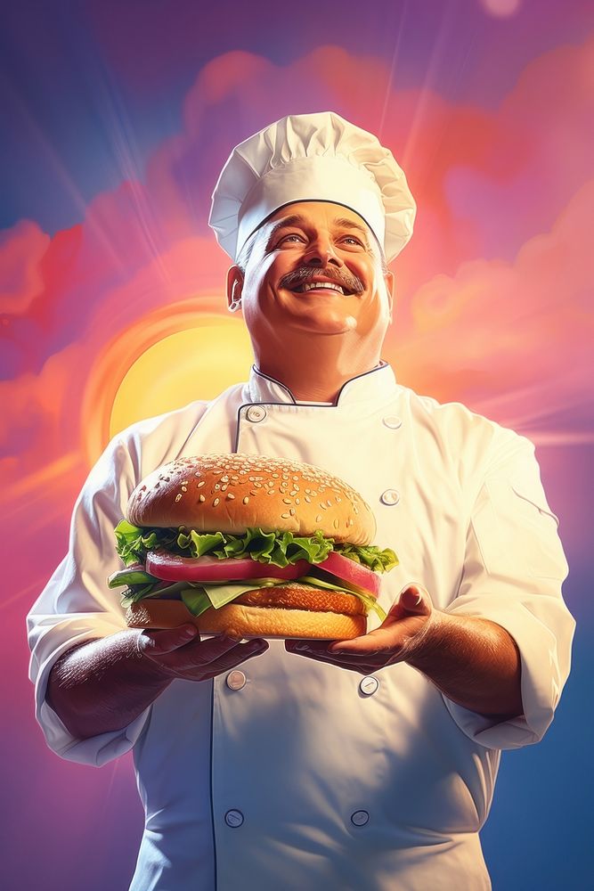 Chef holding burger proudly standing food restaurant hamburger.
