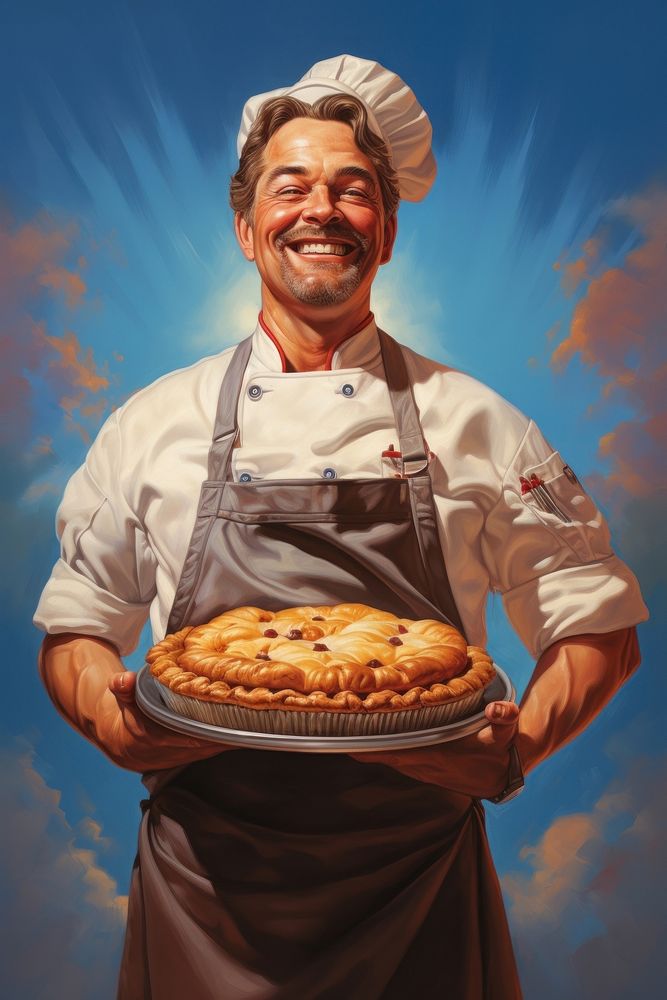 Chef holding pie proudly standing adult freshness happiness.