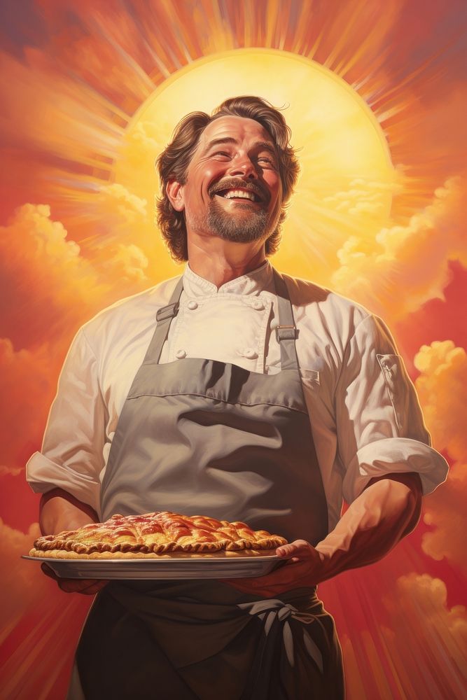 Chef holding pie proudly standing adult pizza food.