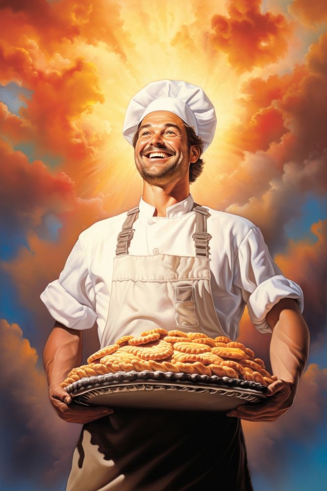Chef holding pie proudly standing adult freshness happiness.
