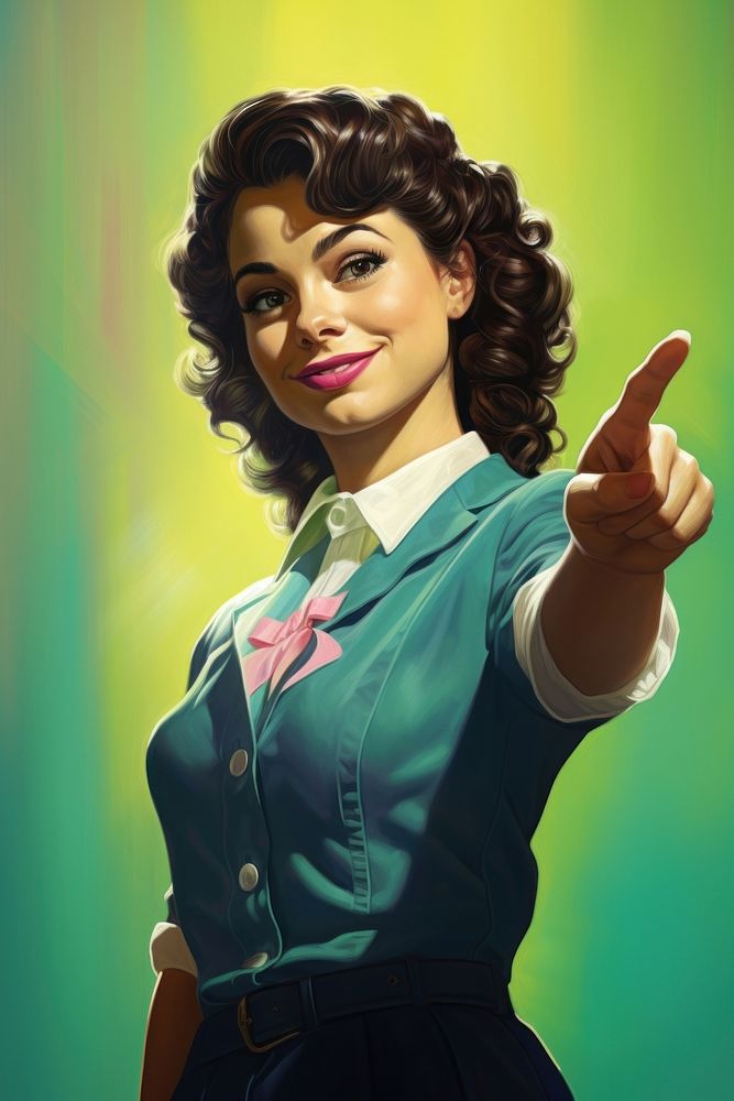 Maid pointing finger proudly standing portrait adult art.