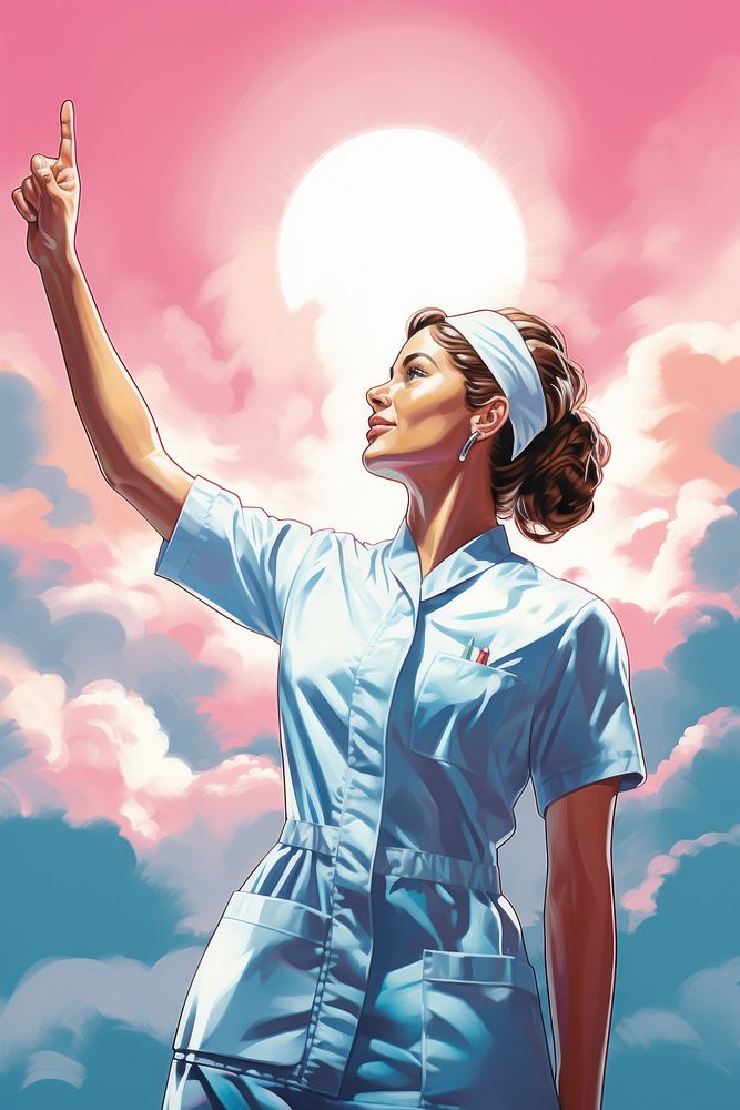 Nurse pointing finger proudly standing adult triumphant portrait.