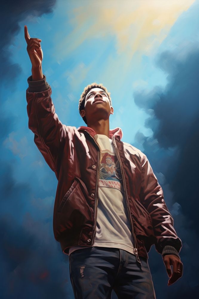 Student raising hand proudly standing portrait looking jacket.