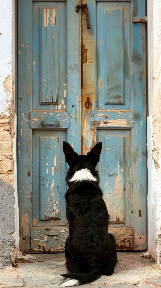 Dog sitting waiting at a door mammal animal wood.