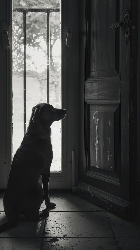 Dog sitting waiting at a door silhouette mammal animal.