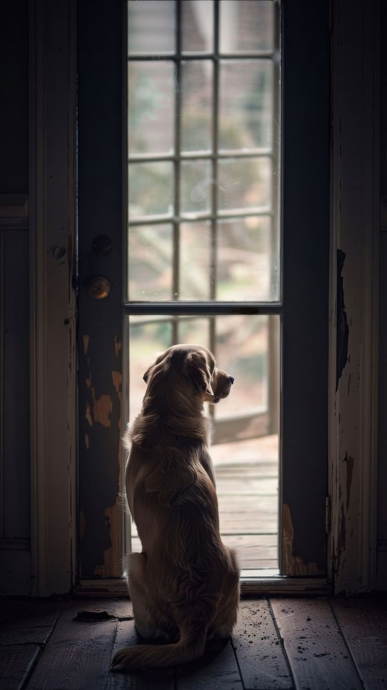 Dog sitting waiting at a door mammal animal window.