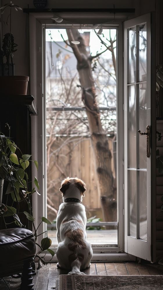 Dog sitting waiting at door architecture building mammal.