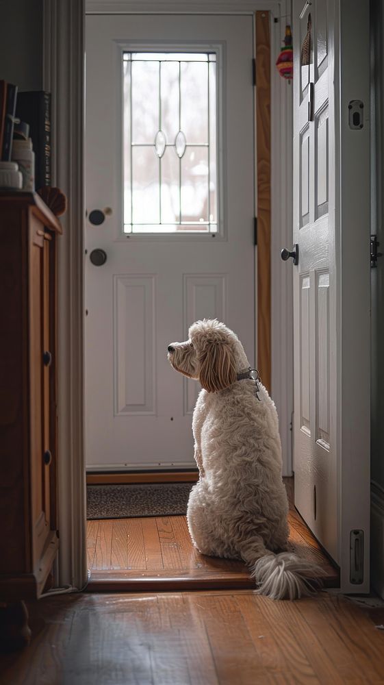 Dog sitting waiting at door flooring mammal animal.