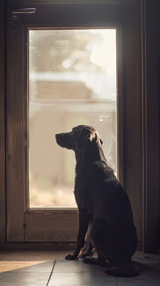Dog sitting waiting at door windowsill animal mammal.