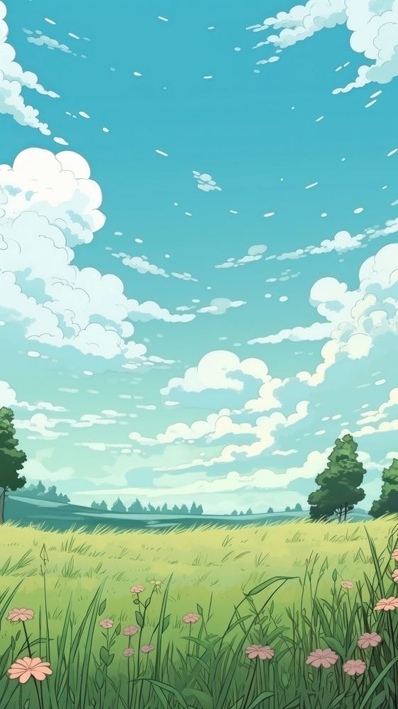 Meadow and sky landscape anime vegetation.