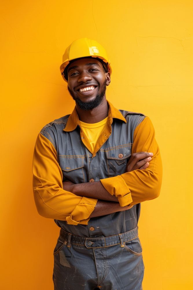 Joyful male african american builder hardhat helmet yellow.