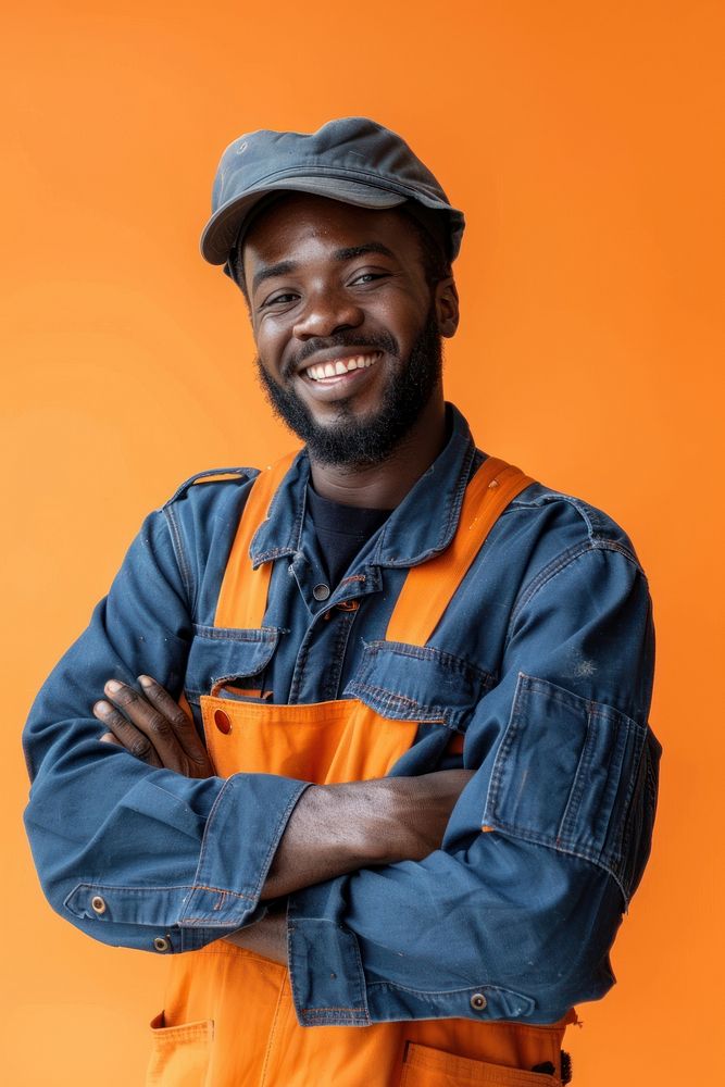 Joyful male african american builder smile adult orange background.