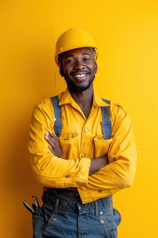 Joyful male african american builder hardhat helmet yellow.