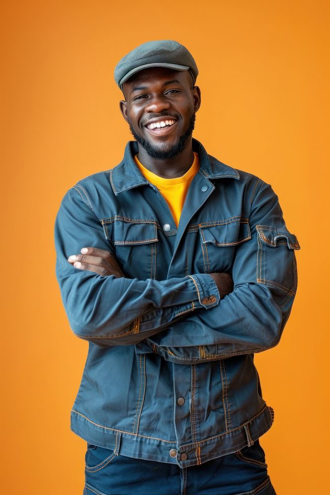 Joyful male african american builder smile portrait jacket.