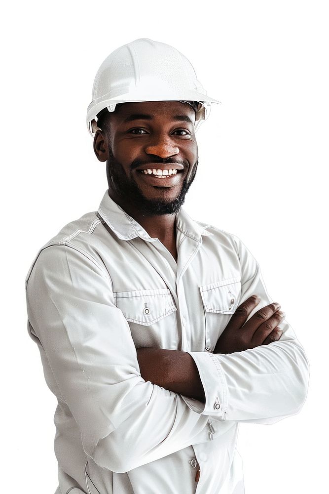 Joyful male african american builder portrait hardhat helmet.