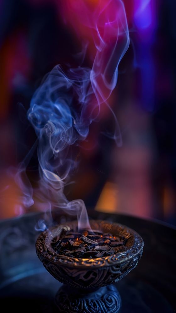 Premium dark Agarwood Chips incense burning smoke.