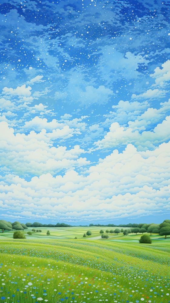 Illustration of a sky landscape countryside grassland.